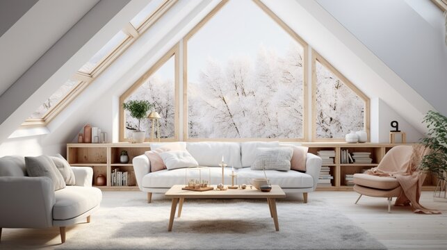 An image of a Nordic-inspired attic living room, featuring a predominantly white color scheme and elements of timeless simplicity.