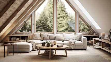 An image of a Scandinavian attic living room with a vaulted ceiling, displaying a balance of natural materials and contemporary elegance. - obrazy, fototapety, plakaty