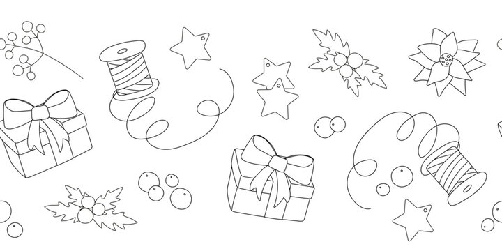 Set of Christmas images for coloring book. Black and white gifts, stars, branches of berries, poinsettia. Cartoon vector illustration for wrapping paper, packaging design, print. Seamless border.