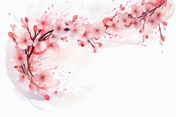 A vibrant arch-shaped frame of cherry blossoms and falling petals, depicted in watercolor illustration with a transparent background. Generative AI