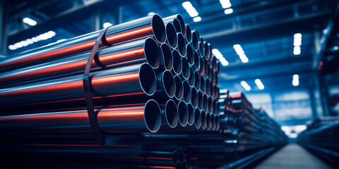 A stack of steel pipes in a warehouse or factory with a blurry background.	

