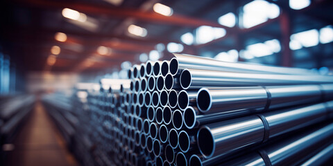 A stack of steel pipes in a warehouse or factory with a blurry background.	
 - obrazy, fototapety, plakaty