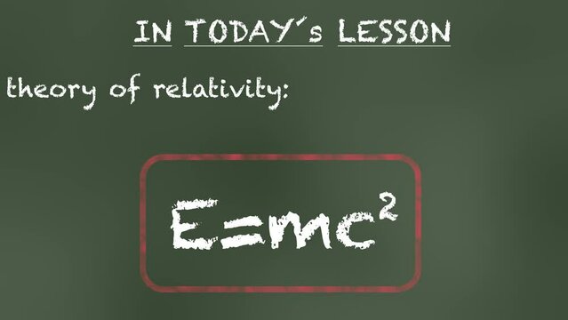 Famous E=mc2 equation animated. Relativity theory formula written with chalk on a board in a classroom.