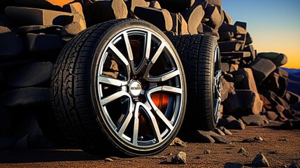 Car wheels with tire side view isolated on realistic background. AI generated image - obrazy, fototapety, plakaty