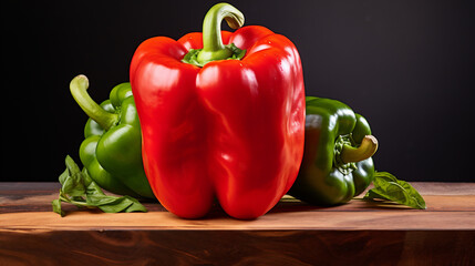 Red, orange and yellow bell peppers with green leaves on wooden background