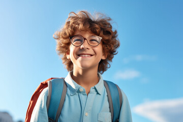 menino criança com uniforme escolar sorrindo e escola ao fundo - Papel de parede  - obrazy, fototapety, plakaty