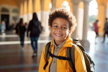menino criança com uniforme escolar sorrindo e escola ao fundo - Papel de parede 