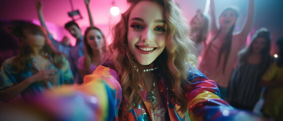 Menina Jovem em uma festa com roupas coloridas tirando uma selfie 