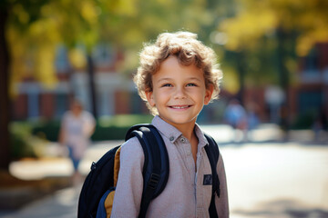 menino criança com uniforme escolar sorrindo e escola ao fundo - Papel de parede  - obrazy, fototapety, plakaty