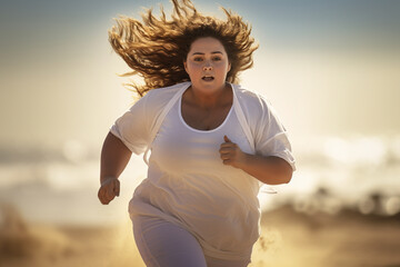 Mulher acima do peso com roupas brancas correndo na praia  - obrazy, fototapety, plakaty