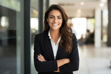 Mulher jovem de terno sorrindo em um escritório - Papel de parede 