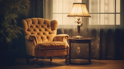 Classic vintage armchair with beautiful interior lamp. AI generated image