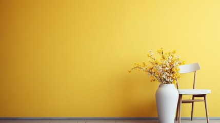 White Plastic Chair with Wood Legs, vase flower isolated yellow background. AI generated - obrazy, fototapety, plakaty