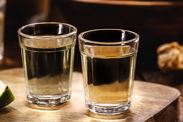 Cachaça, pinga, cana or caninha is the sugar cane brandy, a typical drink from Brazil, with a crackling appetizer in the background