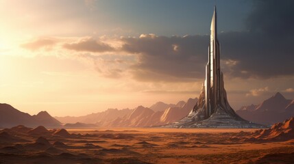 Futuristic desert tower with sleek curves, sharp edges, and metallic surface. Shimmering under scorching sun, it boasts an otherworldly, advanced design. A modern, high-tech landmark in a surreal, dr - obrazy, fototapety, plakaty