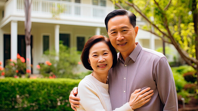Portrait of a happy mature asian couple in their home outdoors.