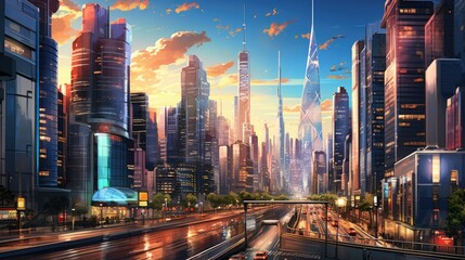 Futuristic cityscape with towering skyscrapers, sleek glass exteriors, and vibrant city lights. Self-driving cars and bustling pedestrians create constant movement and energy in this urban metropolis