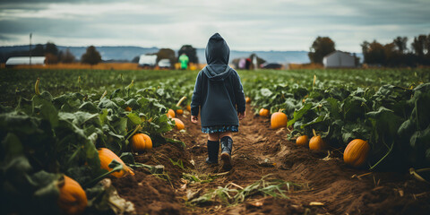 The image depicts a pumpkin farm on a sunny aut...
