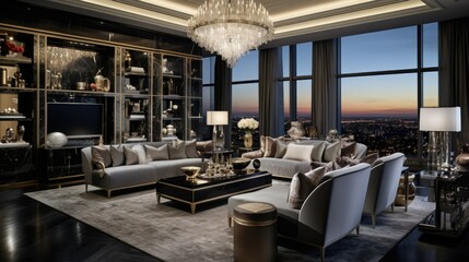Luxurious living room with floor-to-ceiling windows showcasing a breathtaking city skyline. Plush velvet furniture in rich jewel tones, complemented by gold accents and crystal chandeliers