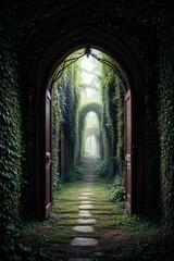 Obraz premium A way to freedom. Dirt road in green meadow in open door of ancient house. Photo toned in brown color. Generative AI