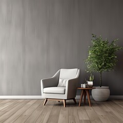 Single grey armchair with vase flower isolated background. AI generated
