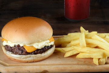 sandwich with beef burger on brioche bread salad egg and bacon street food fast food