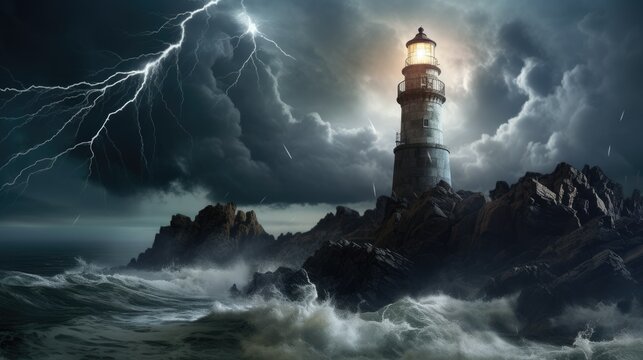 Dramatic coastal landscape with historic lighthouse, rugged cliffs, foaming waves, storm clouds, and a bolt of lightning. A hyper-realistic, sharp-focused stock image capturing the danger