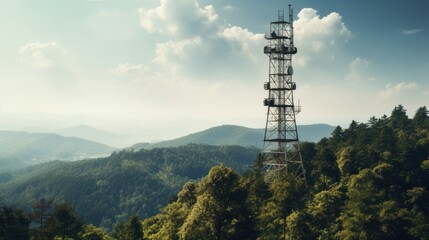 Obraz premium A towering metal structure amidst a forest, gleaming in sunlight. Satellite dishes and antennas imply connectivity and technology advancement