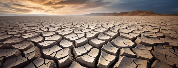 Dry soil cracked earth drought concept. Desert landscape in valley. Lake bottom. Water crisis and World Climate change.