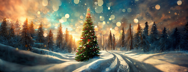 Happy New Year greeting card with Christmas tree in winter snowy forest. Fairy landscape background. Banner.
