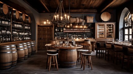 An upscale wine bar with a curated selection of vintages, wine barrels, and rustic decor.