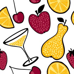 Fruit cocktail cartoon ingredients seamless cherry and pears and lemon and strawberry pattern for wrapping paper