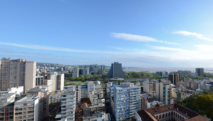 Fototapeta premium Aerial view of the central area of Porto Alegre with the Guaiba River in the background