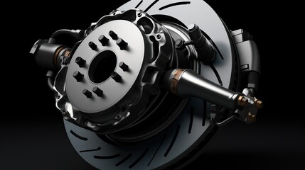 Closeup of steel disc brake car isolated dark background. AI generated image