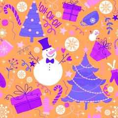 Christmas tree cartoon seamless snowman and snowflakes pattern for wrapping paper and fabrics and linens