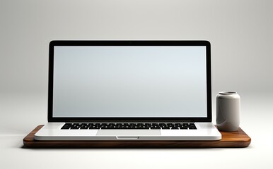 a laptop and tablet with blank screen, white background, in the style of rounded, 3840x2160, silver and black, industrial-inspired, dau al set, minimalist sets, large canvas format - obrazy, fototapety, plakaty