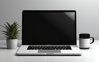 macbook and computer mock up, in the style of minimalist black and white, technological art, monumental scale, white background, dau al set, 3840x2160, media-savvy - obrazy, fototapety, plakaty