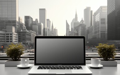 macbook and computer mock up, in the style of minimalist black and white, technological art, monumental scale, white background, dau al set, 3840x2160, media-savvy - obrazy, fototapety, plakaty