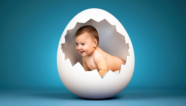 A human baby inside an eggshell. New born. Ideas and concepts from generative AI