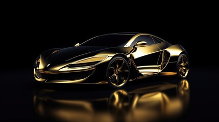 Metallic gold sports car, front side view isolated dark background. AI generated image