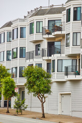 Fototapeta premium White residential apartment building with black trim and green trees between it and the road