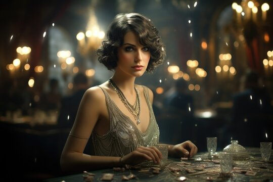 Beautiful flappers dressed in style of Roaring twenties . Vintage, retro party, fashion, girls friends, 1920s 1930s style gentlemen in a luxury, Flapper Chicago gangsters, nightlife elegance.