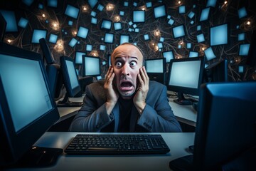 man panicking looking at various computer screens - Powered by Adobe