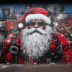 Wall graffiti with a drawing of santa claus wearing sunglasses