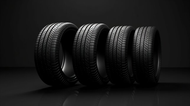 Car wheels with tire side view isolated on dark background. AI generated image