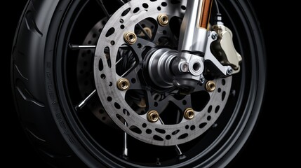 Close up of front caliper motorcycle disc brake. AI generated image