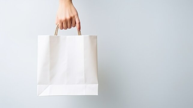 Hand holding Shopping paper bag isolated on white background. AI generated image