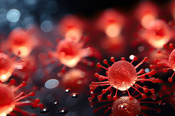Close-up of red virus cells or microscopic bacteria on red bloody background. Concept of medical and scientific research of influenza on red background.