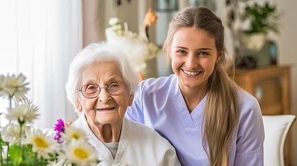 Social medical worker supports and visits pensioner woman in living room of house in atmosphere of comfort. Smiling happy senior adult woman and caregiver in nursing home for the elderly - obrazy, fototapety, plakaty