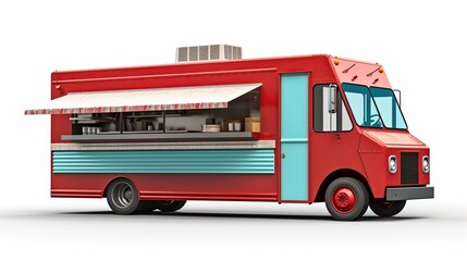 Red food truck Side view isolated white background. AI generated image